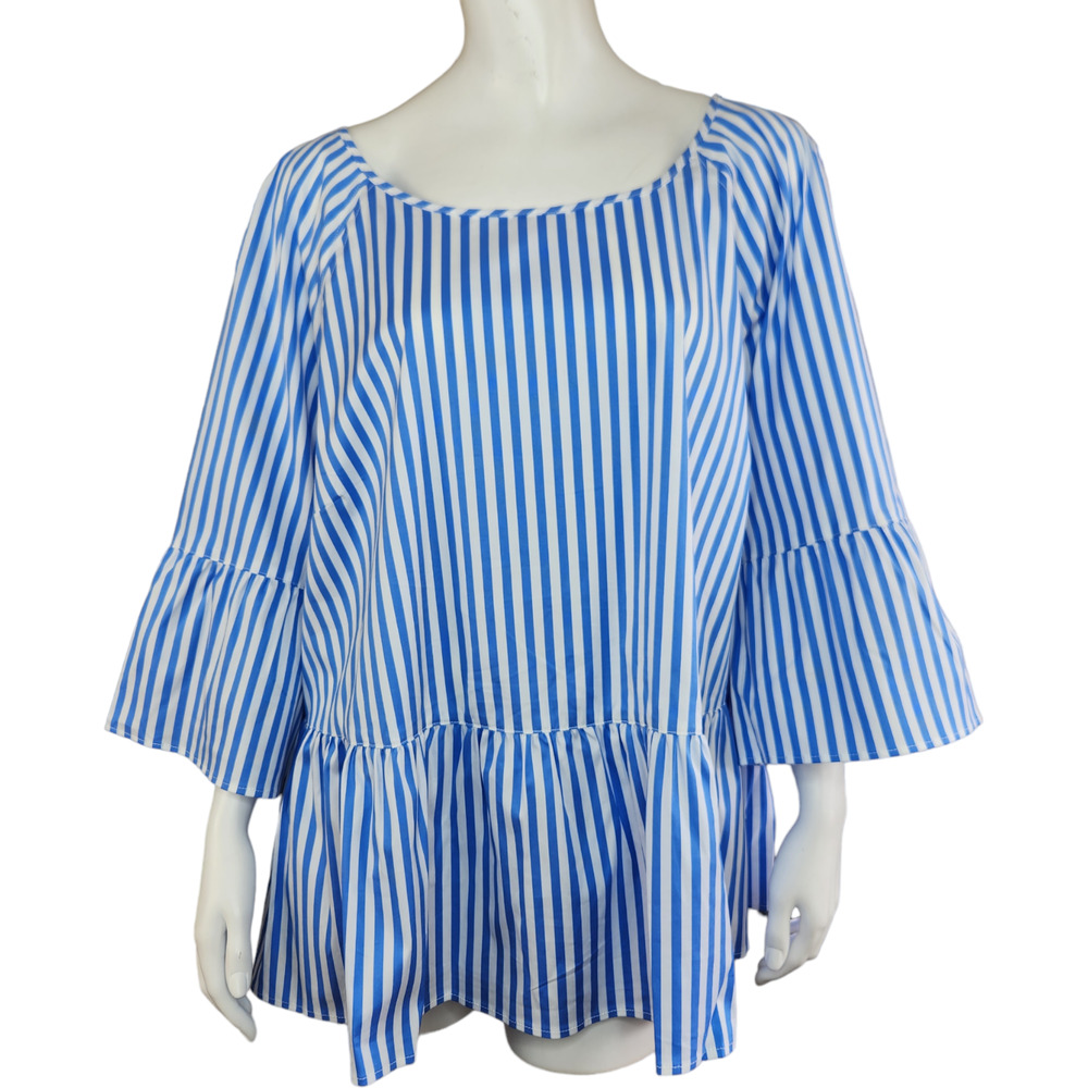 Lands End Popover Blouse Peplum Bell Sleeve Scoop Neck Striped Blue White 24W